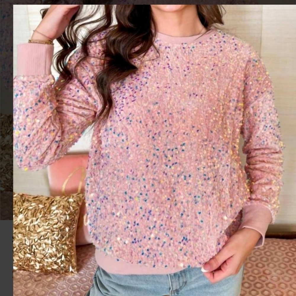 Shiraleah All Over Sequins Crew Neck Sweater Pink Sz L